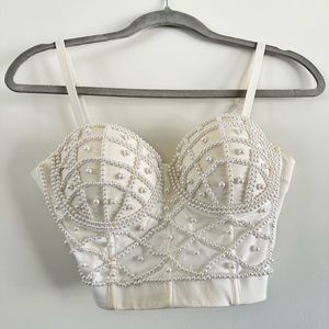 Sexy Fun Pearls Beaded Bustier Corset Crop Top Club Party Cage Bra Size Small